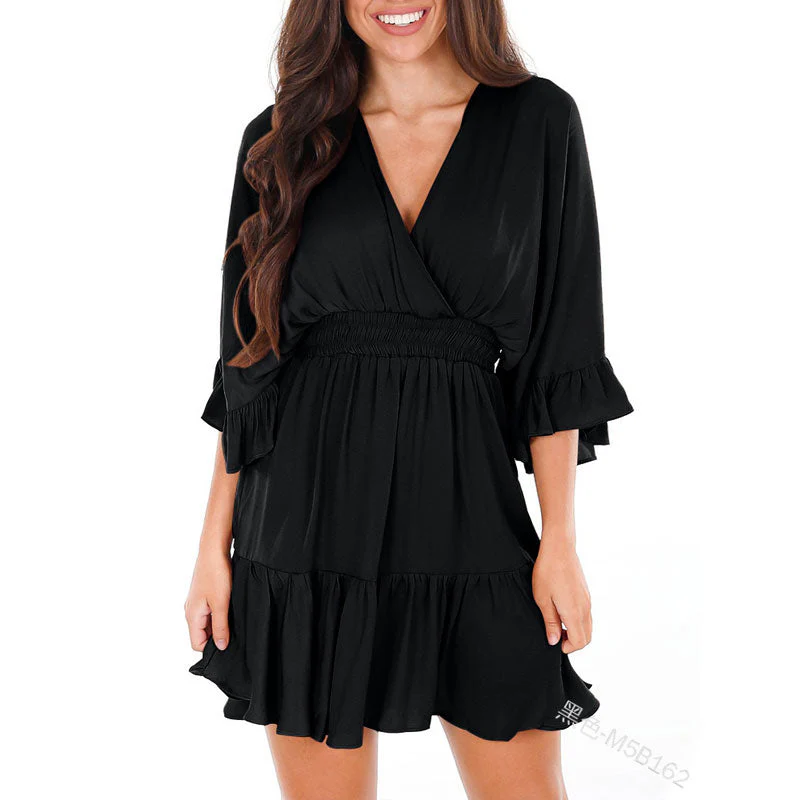 V Neck Loose High Waist Ruffle PleatedMini Dress
